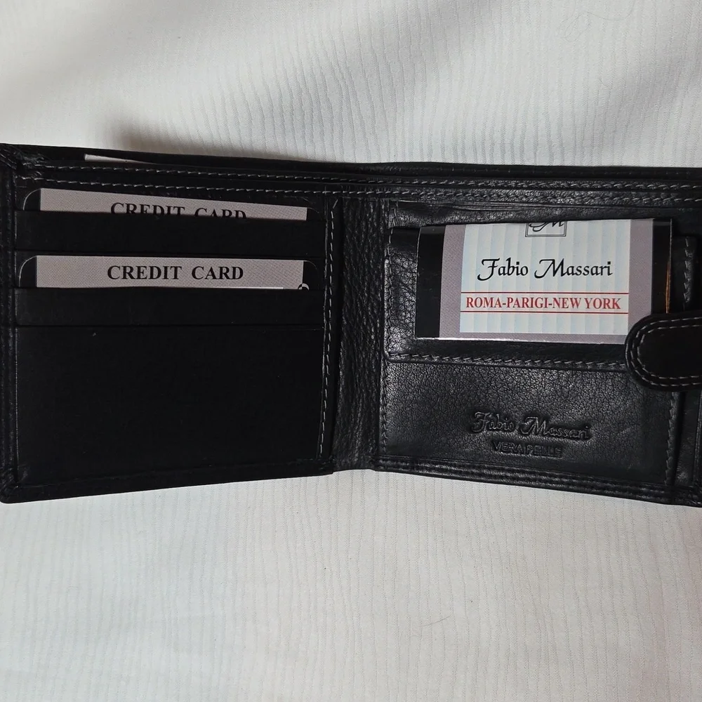 Fabio Massari Black Leather Men's Wallet with Snap Closure,(New Without Box).